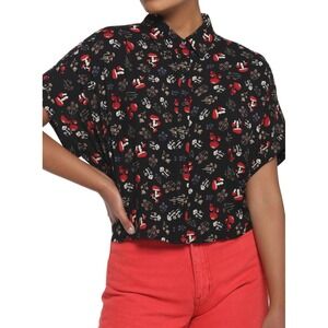 Thorn & Fable Women Goblincore Button Front Top Small Black Mushroom Crop